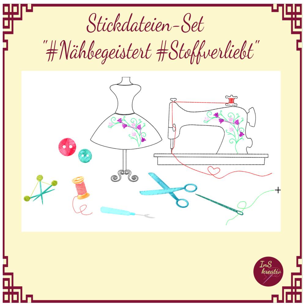 Stickdateien-Set "Nähbegeistert - Stoffverliebt" 10 Stickdateien rund um das Thema Nähen (8 Motive+2 Schriftzüge Bild 1