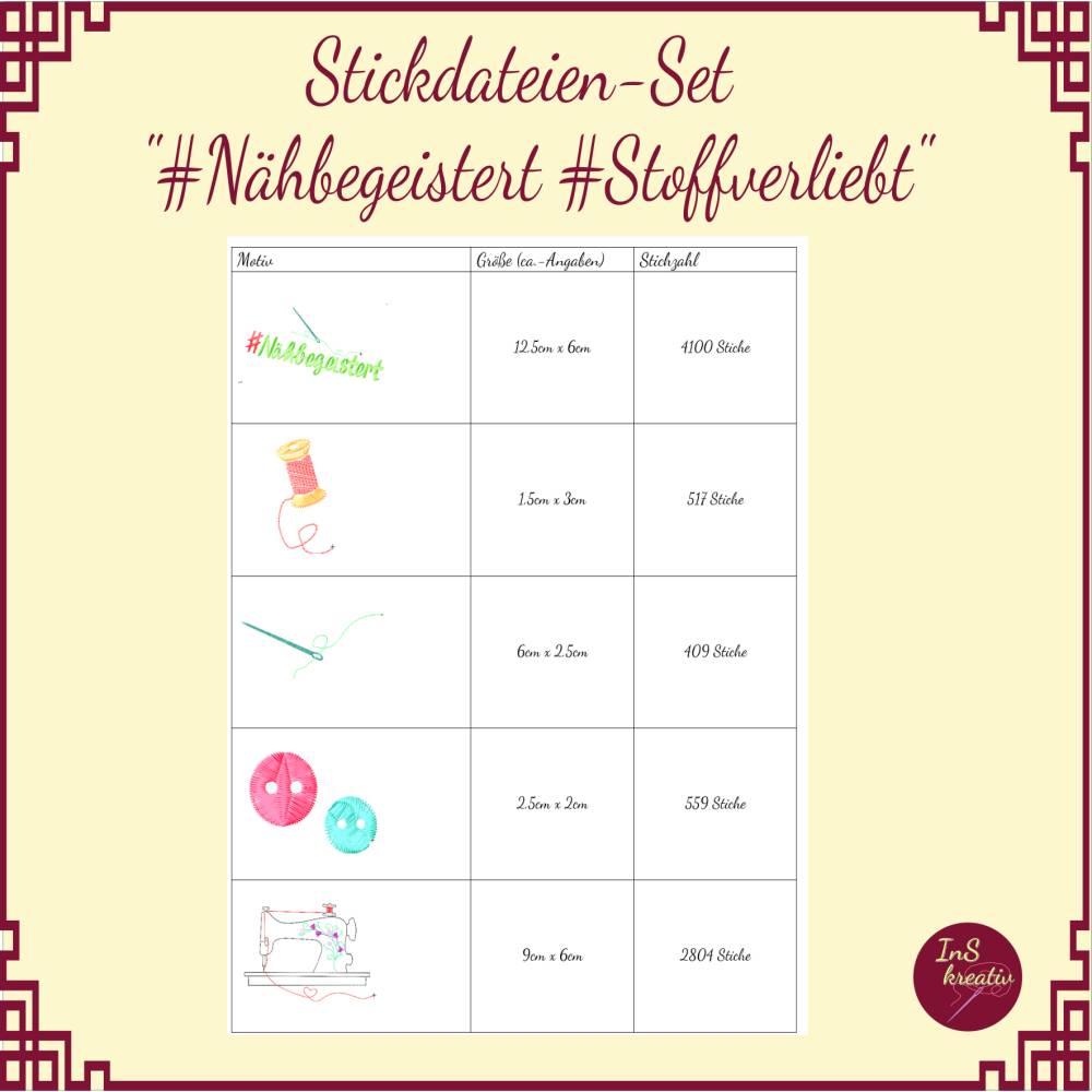 Stickdateien-Set "Nähbegeistert - Stoffverliebt" 10 Stickdateien rund um das Thema Nähen (8 Motive+2 Schriftzüge Bild 3
