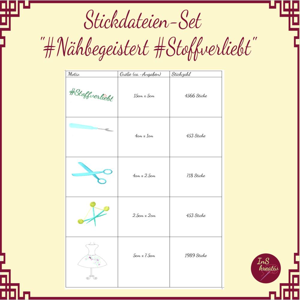 Stickdateien-Set "Nähbegeistert - Stoffverliebt" 10 Stickdateien rund um das Thema Nähen (8 Motive+2 Schriftzüge Bild 4
