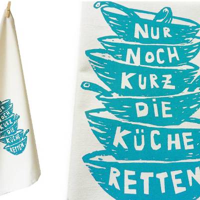 Nur noch kurz die Küche retten, Geschirrtuch, Bio oder Biobaumwolle und Bambus. Siebdruck handbedruckt. Blauer Siebdruck