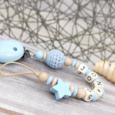 Schnullerkette mit Namen Junge Babyblau Stern Geschenkidee Geburt Baby Taufe