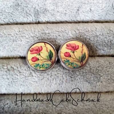 12mm Holzcabochon Ohrringe mit Blumenmotiv – Mohnblume, Edelstahl oder Bronze, Ohrstecker & Ohrhänger