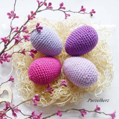 4 umhäkelte Ostereier zur Tischdeko - Gastgeschenk,Ostern,Muttertag,Dekoeier,festlich,modern,easter,pink,lila,flieder
