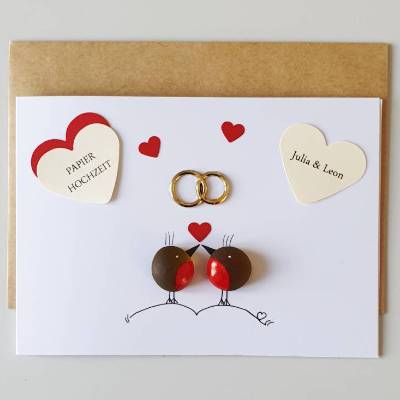 Geschenkkarte zum 1.Hochzeitstag, Hochzeitskarte Papierhochzeit, Meerglas, Klappkarte, Wunschnamen, Kieselsteinkunst