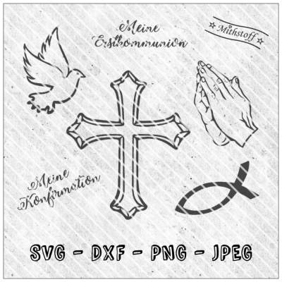 Plotterdatei - Bundle - Kommunion - Konfirmation - Taube - betende Hände - Kreuz - SVG - DXF - Datei - Mithstoff