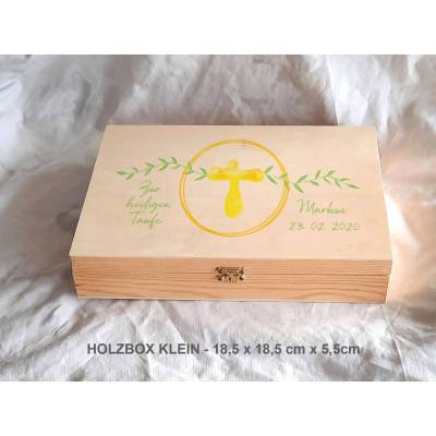 Erinnerungsbox Taufe Baby Aquarell Kreuz Greenery aus Holz