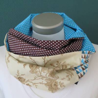 Loop Schal Damen Einzelstück Baumwolle Patchworkschal beige braun türkis Rosen Punkte