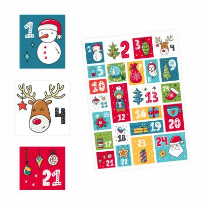24 Adventskalender Zahlen Aufkleber bunt - eckig - Sticker Weihnachten zum basteln dekorieren DIY