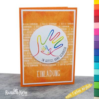 Individuelle Einladungskarte Kommunion – In Gottes Hand geborgen | Verschiedene Farben 