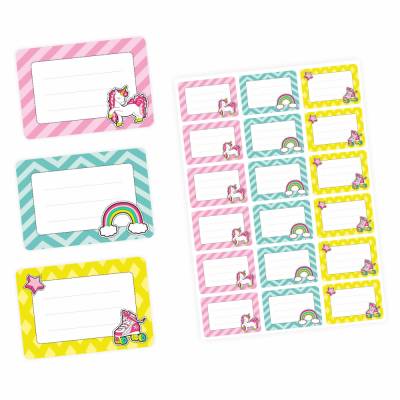 72 Blanko Etiketten Retro Einhorn Regenbogen und Rollschuh - 64 - Namensetikett - Universaletiketten Haushaltsetiketten