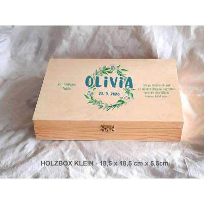 Erinnerungsbox Taufe Symbole Baby Aquarell Kranz Greenery aus Holz