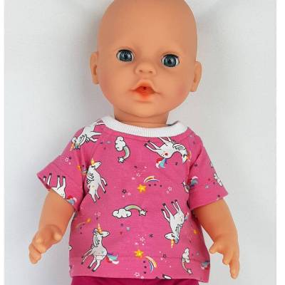 Einhörner Regenbogen und Sternschnuppen, als Kleid oder T-Shirt, Puppenkleidung für Puppen Gr. 40-45 cm, pink