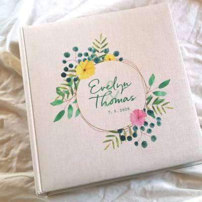 Fotoalbum echtes Leinen personalisierbar Greenery exotisch Hochzeitsalbum Gästebuch
