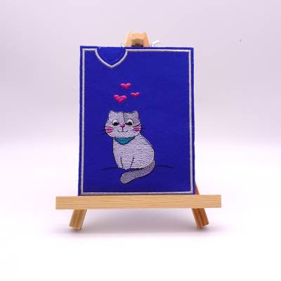Hülle für Impfausweis für Tiere, Heimtierausweis, blau, lustige Katze, bestickte Filzhülle