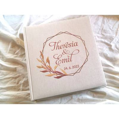 Fotoalbum echtes Leinen personalisierbar Goldrahmen Hochzeitsalbum Gästebuch
