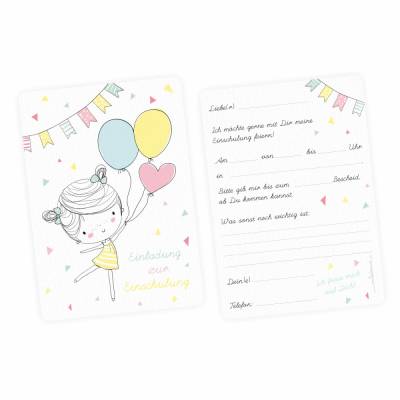 10 Einladungskarten zur Einschulung Mädchen mit Luftballons mit GLITZER inkl. 10 transparenten Briefumschlägen E