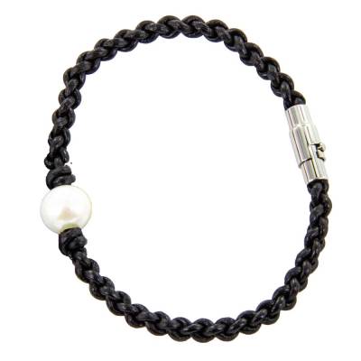 Lederarmband 21 cm mit Perle schwarz geflochten Drehmagnetverschluss