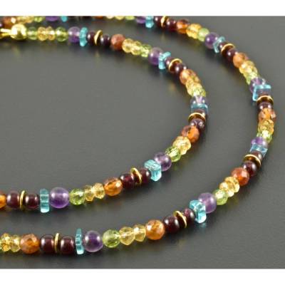 Zarte Regenbogen-Edelsteinkette mit vergoldetem Silber, Granat, Citrin, Peridot, Apatit, Amethyst, buntes Collier