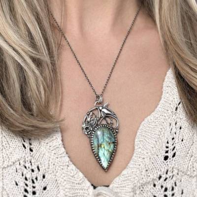 Labradorit Anhänger, grüne Turmalin, Peridot, Schwalben Kette, Vogel Schmuck, 925 Sterling Silber Halskette
