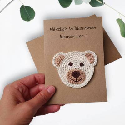 Handgemachte Glückwunschkarte mit Häkelbär - Personalisiert, nachhaltig & ideal für Geburt, Babyparty, Kindergeburtstag