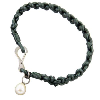 Armband Leder grün geflochten mit Perle Schnappverschluss Edelstahl