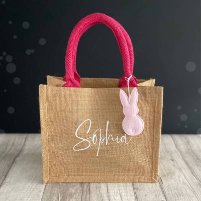 Ostertasche mit Namen | aus Jute mit Hasen-Anhänger | pink