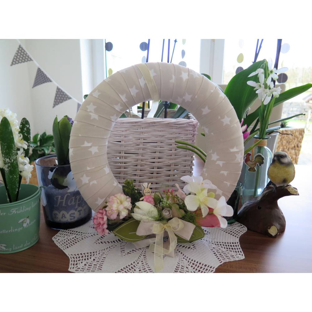 Türkranz ganzjährig beige rose Kranz Deko Landhaus Patchwork Wanddekoration Einzelstück
