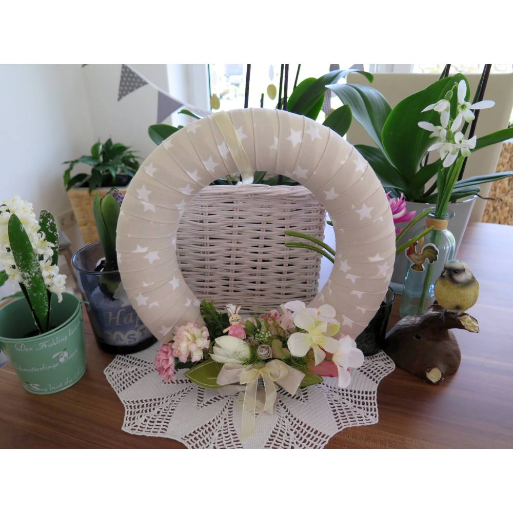 Türkranz ganzjährig beige rose Kranz Deko Landhaus Patchwork Wanddekoration Einzelstück