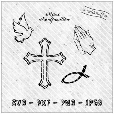 Plotterdatei - Konfirmation - Taube - betende Hände - Kreuz - Fisch - SVG - DXF - Einladung - Dankeskarte - Mithstoff