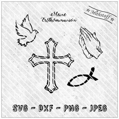 Plotterdatei - Kommunion - Taube - betende Hände - Kreuz - Fisch - SVG - DXF - Einladung - Dankeskarte - Mithstoff
