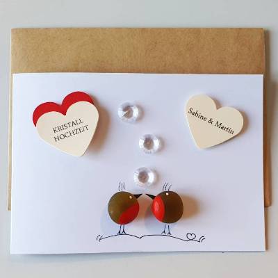 Geschenkkarte zum 15.Hochzeitstag, Hochzeitskarte Kristallhochzeit, Meerglas, Klappkarte, Wunschnamen