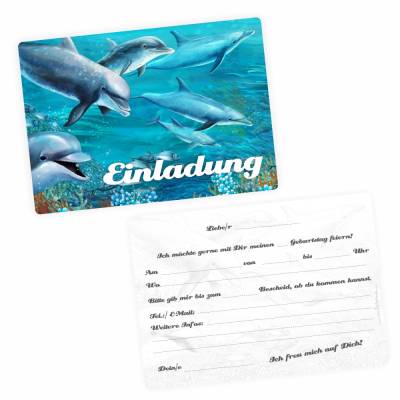 10 Einladungskarten Delfine mit GLITZER inkl. 10 Briefumschlägen