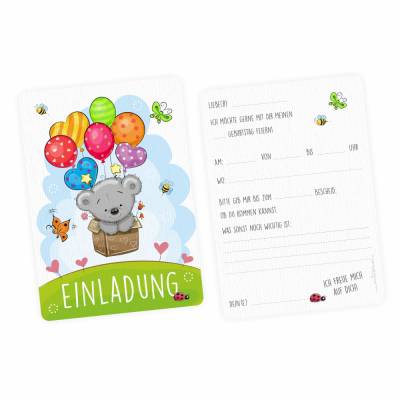 10 Einladungskarten Teddy Luftballons inkl. 10 transparenten Briefumschlägen