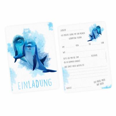 10 Einladungskarten Delfine blau/ weiß mit GLITZER inkl. 10 Briefumschlägen