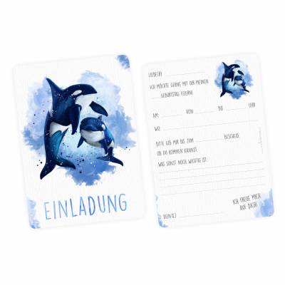 10 Einladungskarten Orca blau/ weiß mit GLITZER inkl. 10 Briefumschlägen