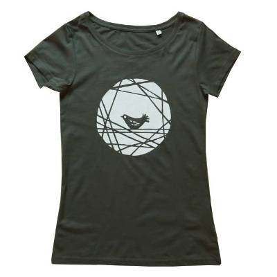 Nesthocker, Vogel, Bio Fairtrade T-Shirt Frauen. Mit Handsiebdruck.