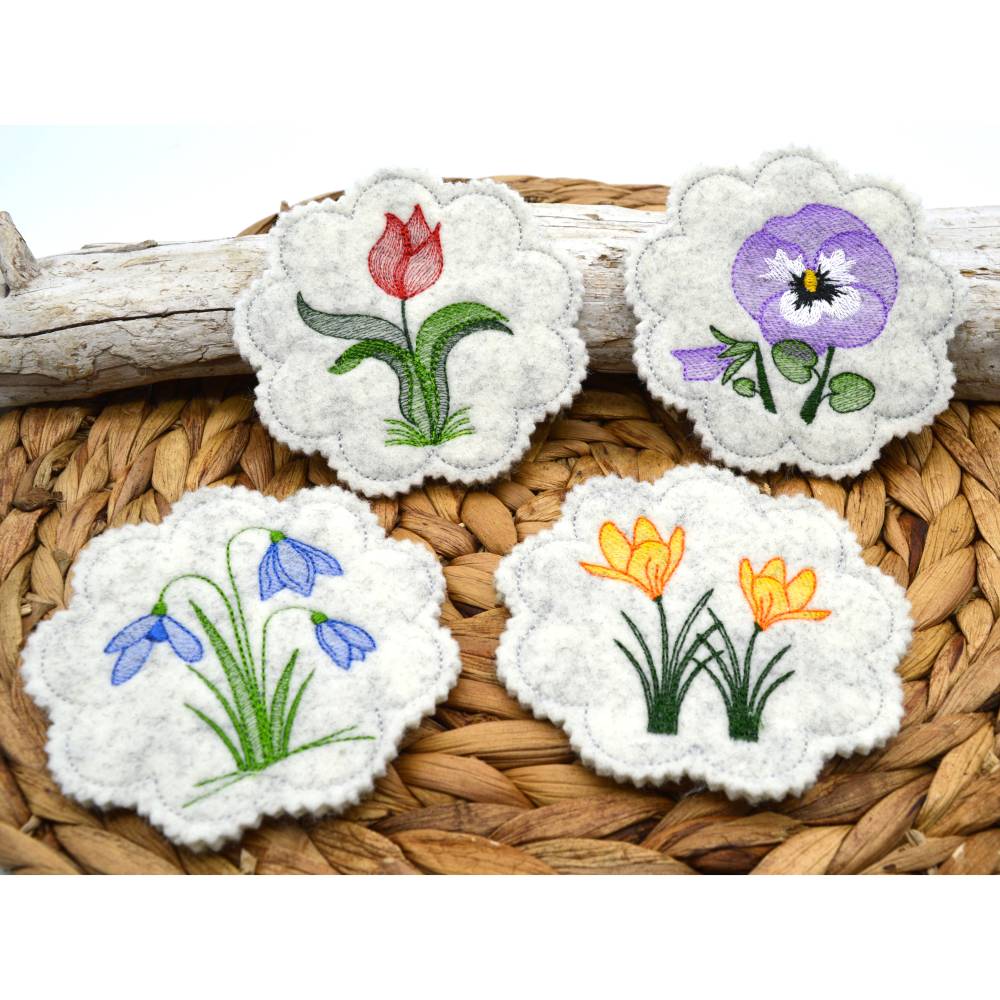 Stickdatei Untersetzer Frühlingsblumen Krokus Tulpe Schneeglöckchen Stiefmütterchen Bild 1