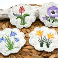 Stickdatei Untersetzer Frühlingsblumen Krokus Tulpe Schneeglöckchen Stiefmütterchen