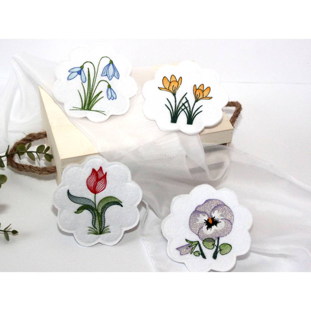 Stickdatei Untersetzer Frühlingsblumen Krokus Tulpe Schneeglöckchen Stiefmütterchen Bild 2