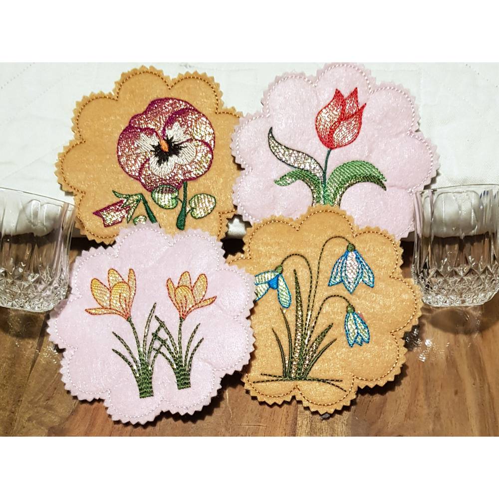 Stickdatei Untersetzer Frühlingsblumen Krokus Tulpe Schneeglöckchen Stiefmütterchen Bild 3