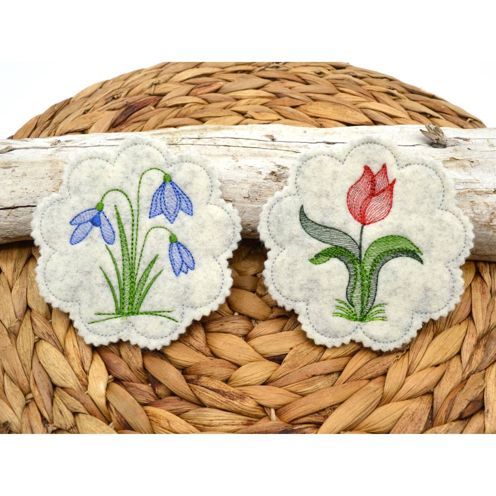 Stickdatei Untersetzer Frühlingsblumen Krokus Tulpe Schneeglöckchen Stiefmütterchen Bild 4