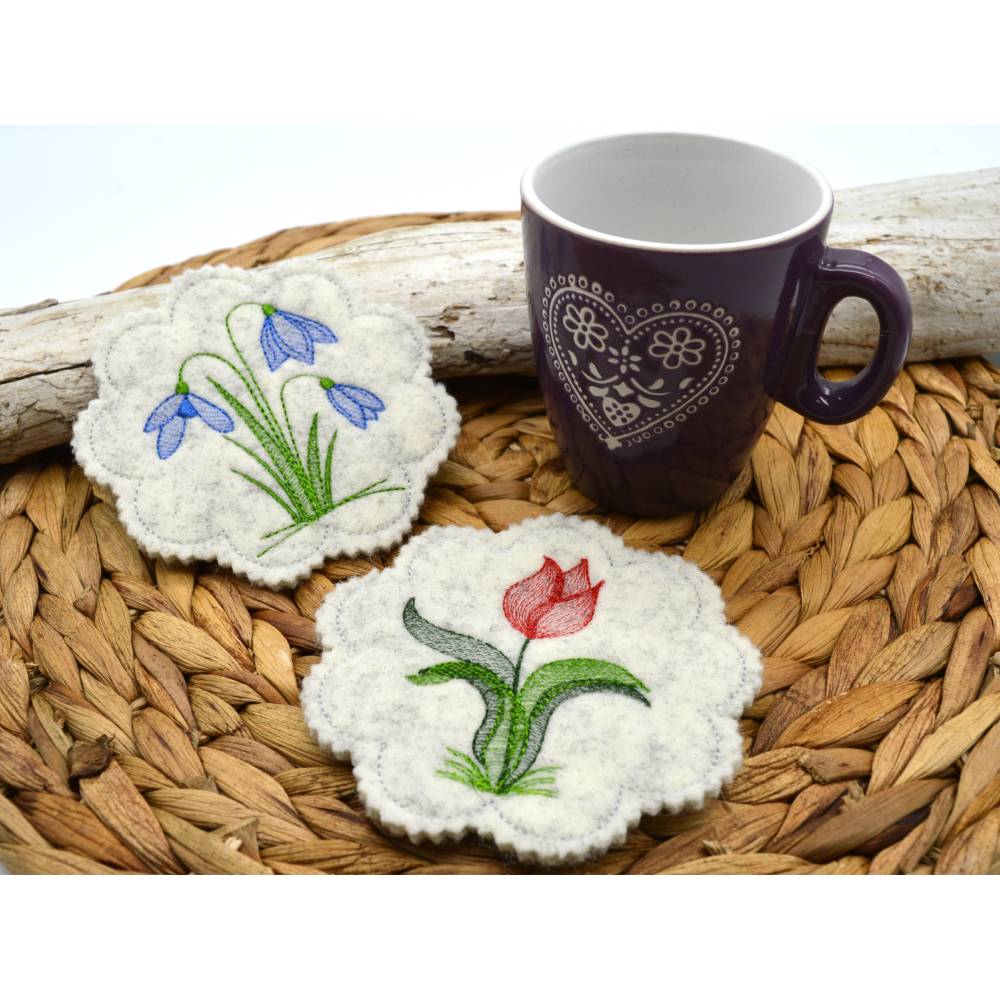 Stickdatei Untersetzer Frühlingsblumen Krokus Tulpe Schneeglöckchen Stiefmütterchen Bild 6