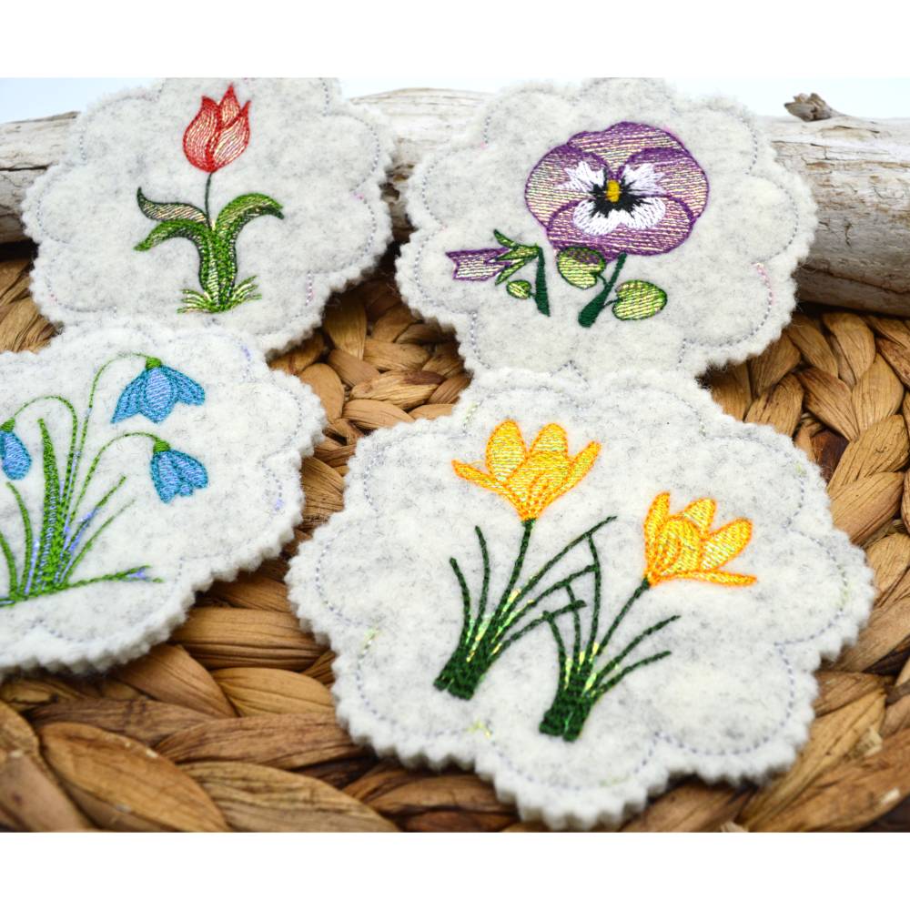 Stickdatei Untersetzer Frühlingsblumen Krokus Tulpe Schneeglöckchen Stiefmütterchen Bild 7