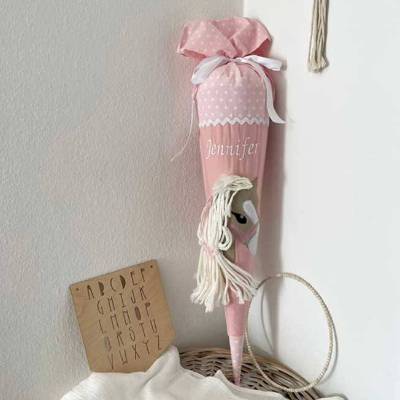 Pferde Schultüte in rosa, Zuckertüte mit Pferd, mit Namen bestickt, Schultüte Stoff für Mädchen, passend für 70 cm Papp