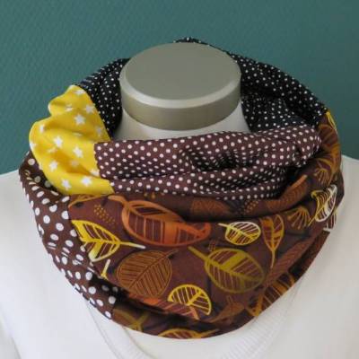 Loop Schal Damen Einzelstück Baumwolle Patchworkschal braun Blätter Punkte gelb Herbst