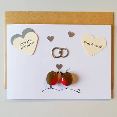 Personalisierte Silberhochzeit Geschenkkarte mit Vögelchen & Meerglas – Klappkarte mit Wunschnamen, Kieselsteinkunst