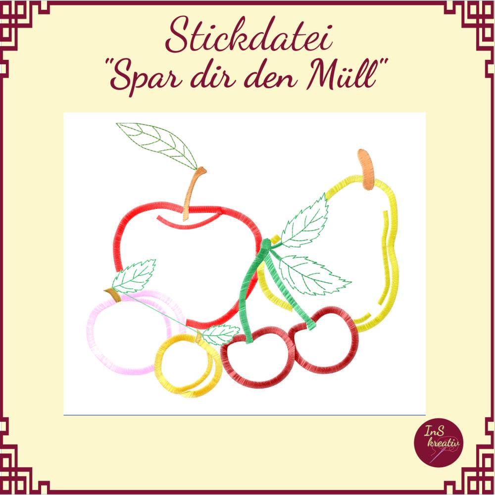 "Spar dir den Müll" - 3 Motiv-Stickdateien (Brötchen, Gemüse, Obst) + Schriftzug "Spar dir den Müll! Bild 5