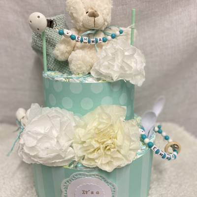 Windeltorte Teddy Bär PomPom mint  weiß mit Name personalisiert ..