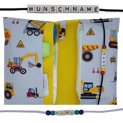 Windeltasche mit Name to go Wickeltasche XXL Baustelle Bagger Kran Radlader Windeletui Geschenk Geburt Taufe Baby Junge