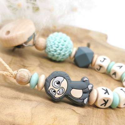 Schnullerkette mit Namen Mädchen Junge Faultier Geschenkidee Geburt Baby Taufe 
